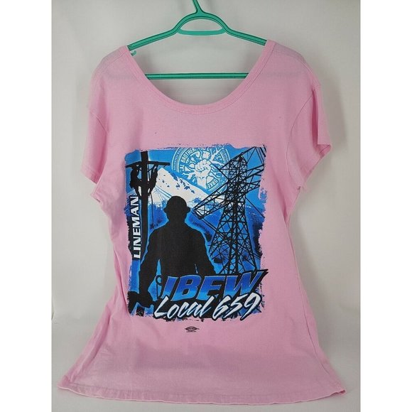 in your face apparel Tops - Ibnw Local 659 Lineman Electrical Workers Union Women' T Shirt Pink Back Graphic